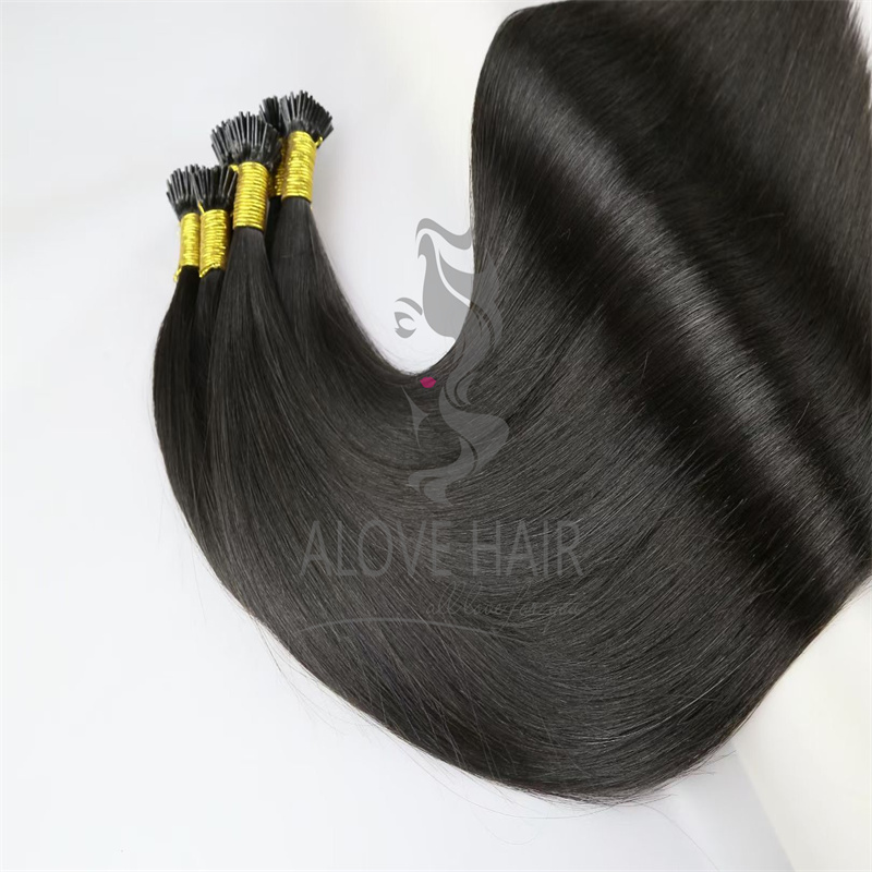 Double drawn natural color pre bonded i tip hair extensions 