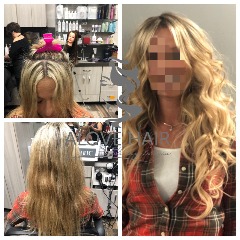 Hand tied weft extensions before and after 