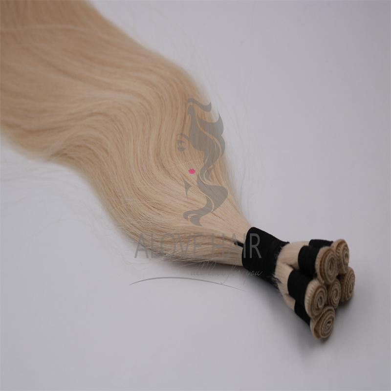 Thin knot blonde color hand tied weft extensions for extensiontraining