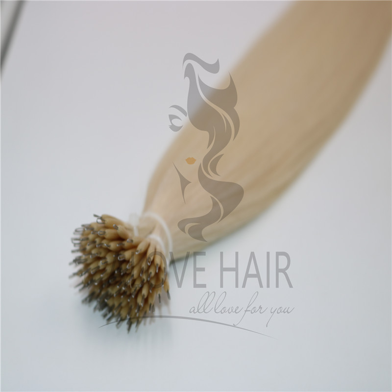 Blonde color nano ring hair extensions 